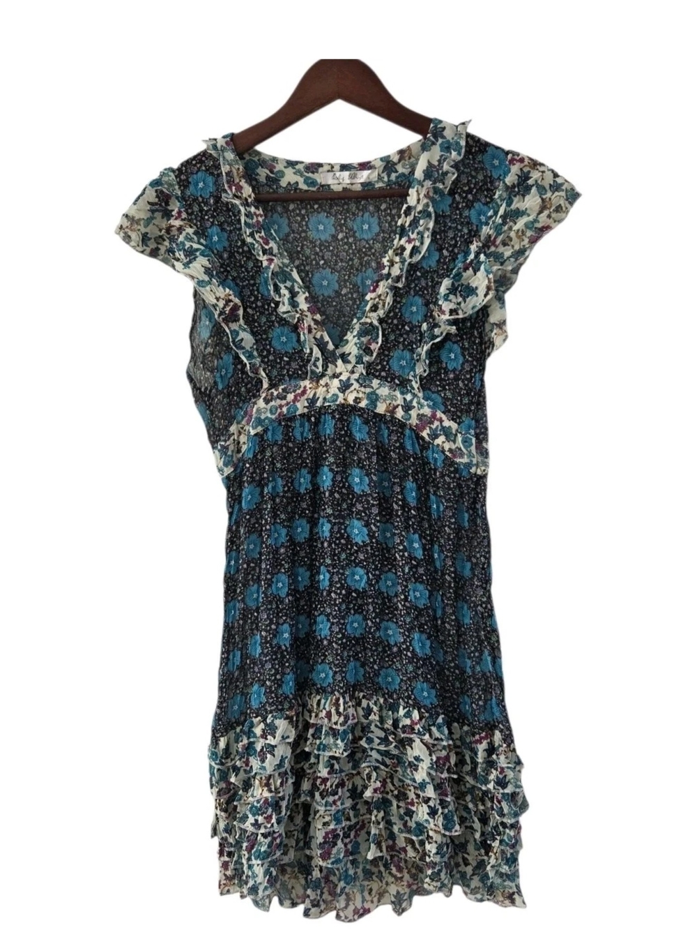 Lily Whyt Hobo Blue Floral Semi Sheer Ruffle Hi Lo Dress Festival Women XS S